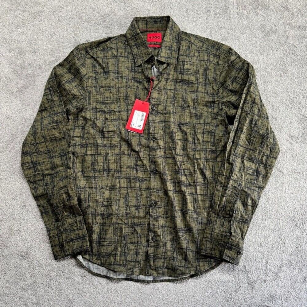 Hugo Boss Red Label Button Up Shirt Mens Casual Slim Fit Stretch Green Small Emo